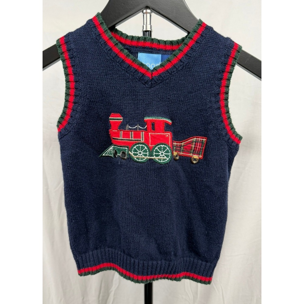 Good Lad Little Boys 4T Vintage Train Embroidered Navy Knit Sweater Vest